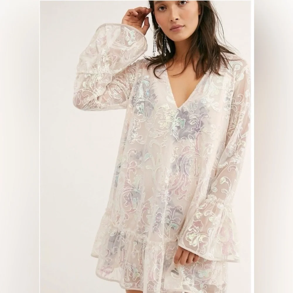 Free People Falling Flowers Frock Sequin Shift Bell Sleeve Boho Mini Dress M